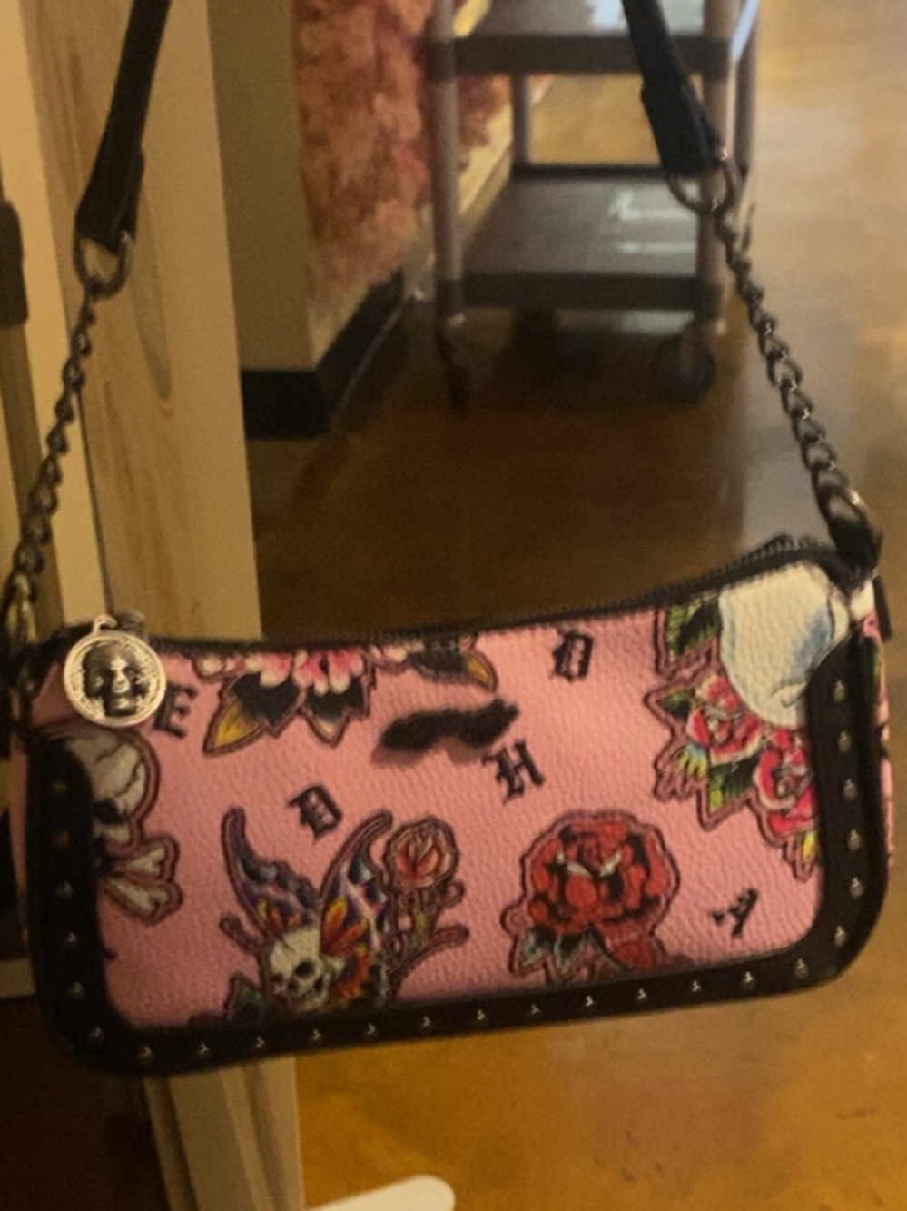 Ed Hardy Pink Floral & Skull Mini Shoulder Bag with Black Trim